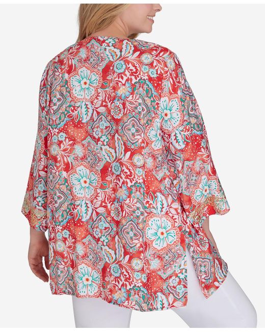 Ruby Rd Red Plus Size Silky Floral Voile Top