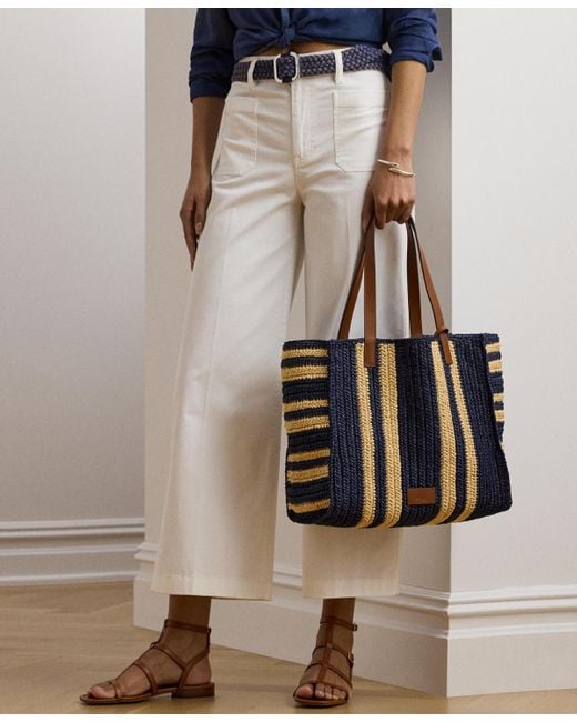 Ralph Lauren Blue Striped Woven Straw Extra Large Wilow Tote Bag