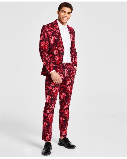 INC International Concepts Red Roscoe Slim-fit Floral-print Suit Jacket, Created For Macy's for men