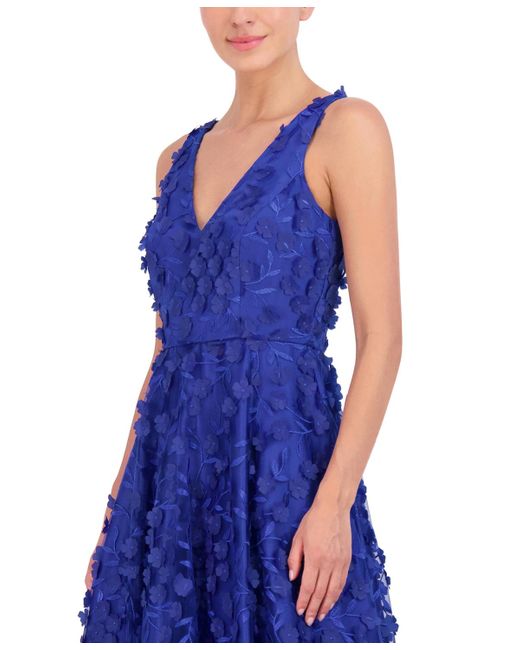 Eliza J Blue Petite 3d Floral V-neck Sleeveless Midi Dress
