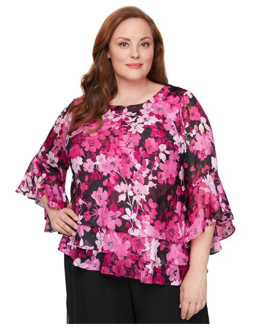Alex Evenings Red Plus Size Printed Scoop-neck 3/4-sleeve Top