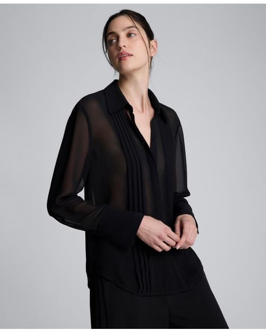 Kenneth Cole Black Pleated Long Sleeve Top