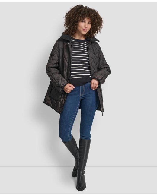 DKNY Gray Corduroy Collar Hooded Quilted Coat