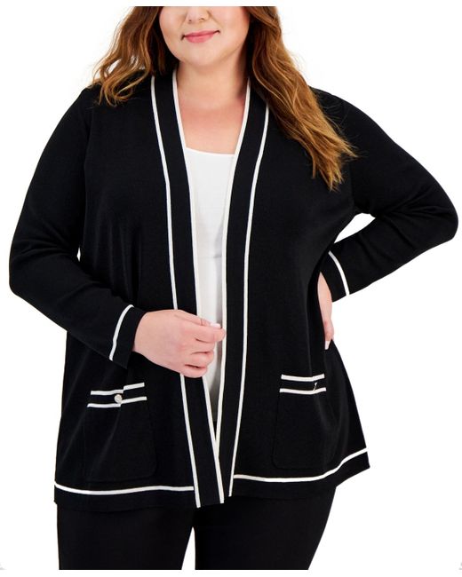 Anne Klein Black Plus Size Malibu Contrast-trim Open-front Cardigan