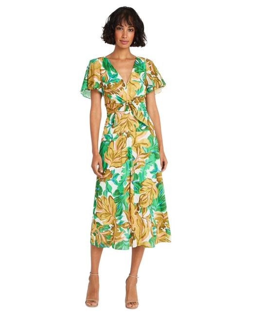 Maggy London Green Printed Flutter-sleeve Fit & Flare Dress
