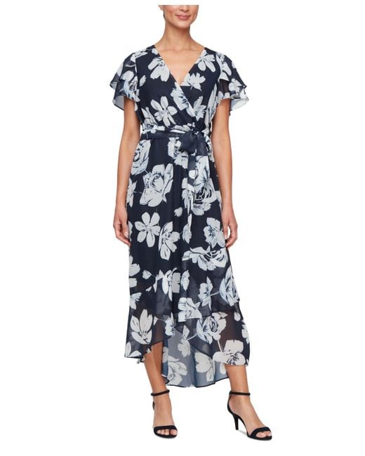 Sl Fashions Blue Flutter-sleeve High-low Dress