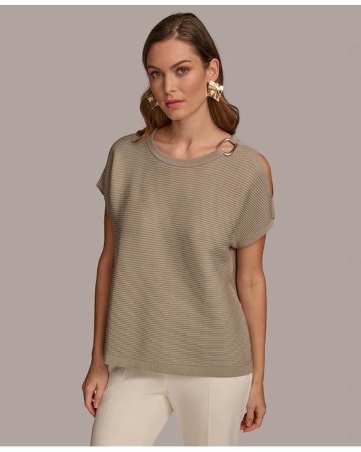 Donna Karan Brown Dolman-sleeve Shoulder-cutout Sweater