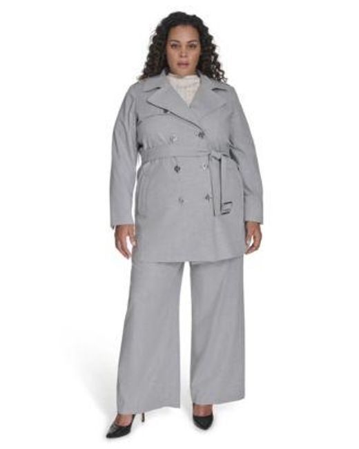 Calvin Klein Gray Plus Size Double Breasted Belted Trench Coat Cable Knit Cap Sleeve Sweater High Rise Wide Leg Pants