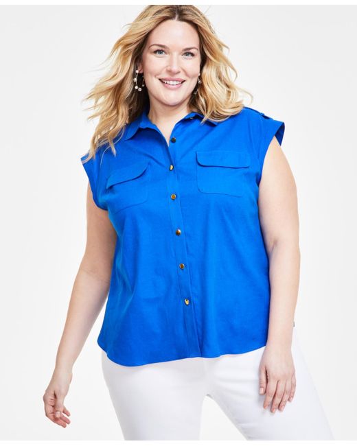 INC International Concepts Blue Plus Size Linen-blend Sleeveless Utility Shirt