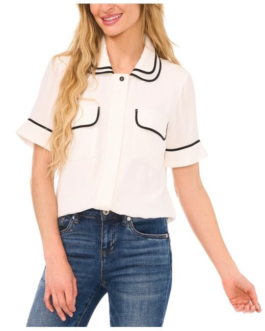 Cece White Double Collar Tipped Short Sleeve Blouse