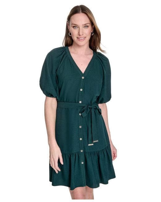 Tommy Hilfiger Green Puff-sleeve Fit & Flare Dress