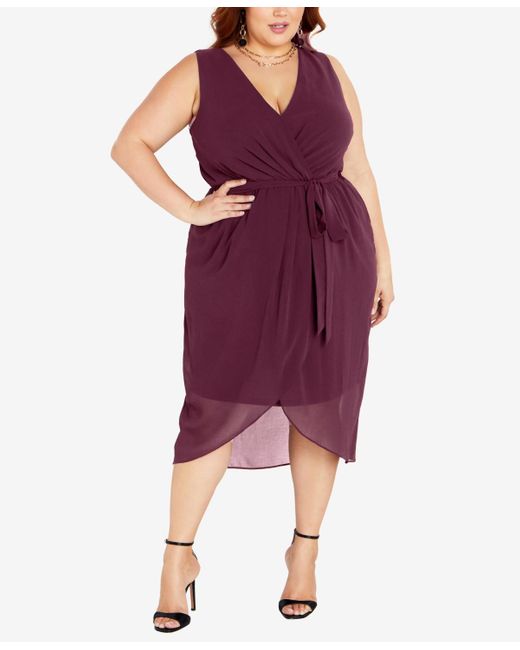City Chic Purple Trendy Plus Size Sleeveless Faux-wrap Dress