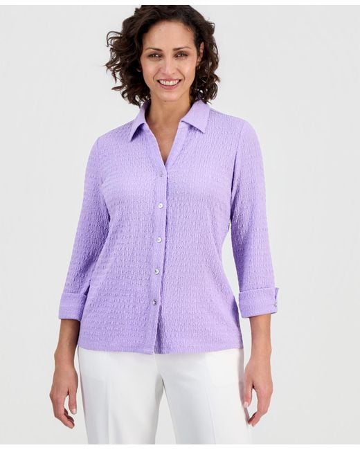 Kasper Purple 3q Button Frt Top With Split Cuff
