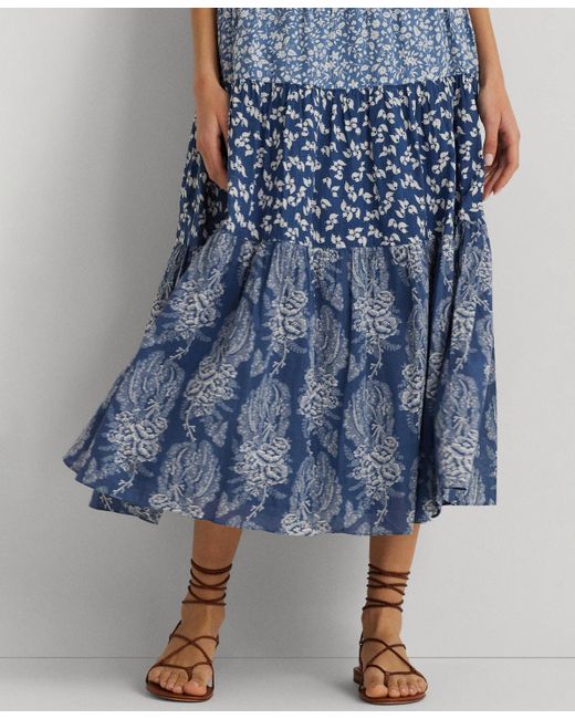 Lauren by Ralph Lauren Blue Patchwork Floral Voile Tiered Skirt