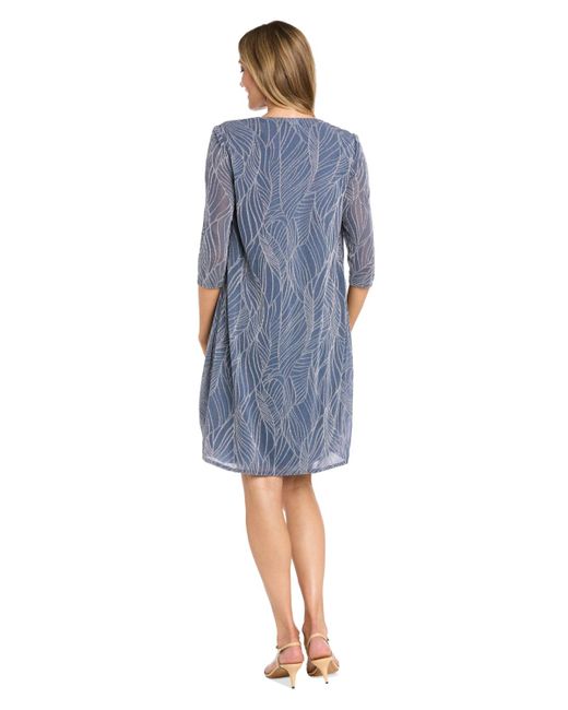 R & M Richards Blue 2.piece Metallic Print Open-front Jacket & Scoop-neck Necklace Dress