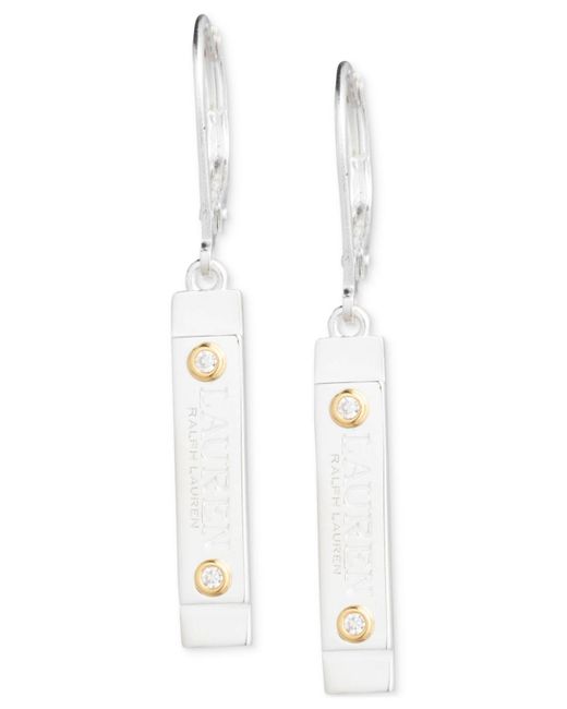 Ralph Lauren White Lauren Sterling Silver & 18k Gold-plated Vermeil Pave Logo Drop Earrings