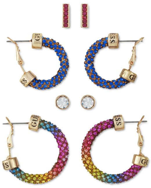 Guess 4 pc Set Crystal Stud Hoop Earrings Lyst