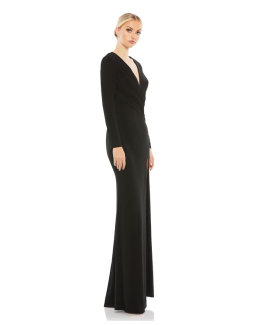 Mac Duggal Black Ieena Jersey Long Sleeve Asymmetrical Ruched Gown