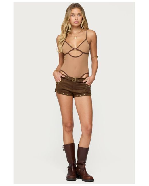 Edikted Natural Contrast Sheer Mesh Cut Out Bodysuit