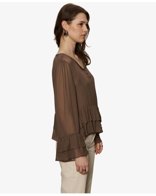Sanctuary Brown Ruffled Long-sleeve Blouse