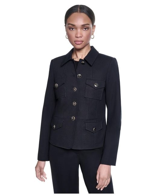Karl Lagerfeld Blue Cropped Collared Neck Jacket