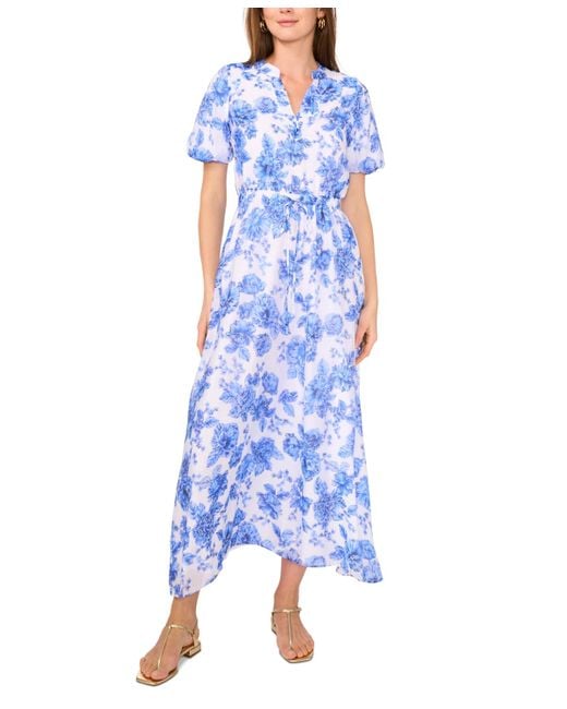 Vince Camuto Blue Floral-print Puff-sleeve Maxi Dress
