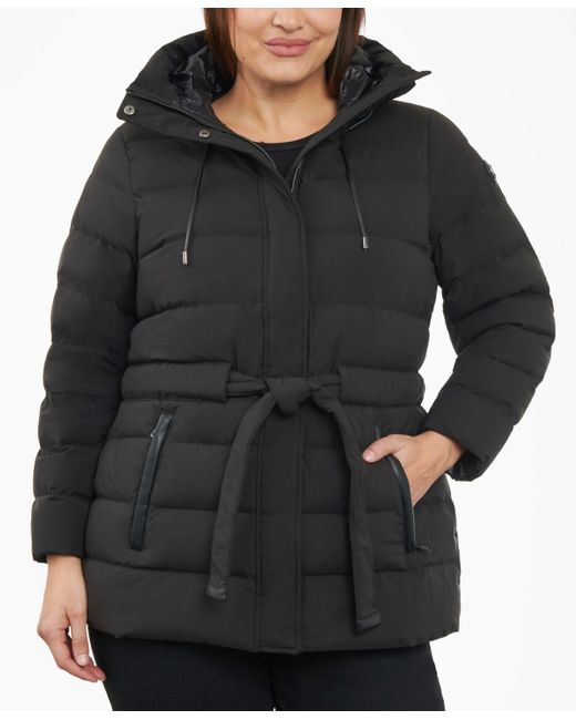 Michael Kors Plus Size Belted Packable Puffer Coat in Black