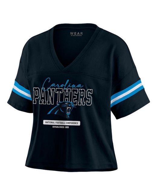 WEAR by Erin Andrews Blue Carolina Panthers Color Block Boxy Modest Crop V-neck T-shirt