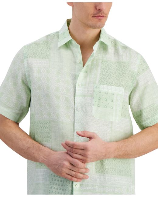 Club Room Green Patchwork Geo-print Short-sleeve Linen Shirt for men