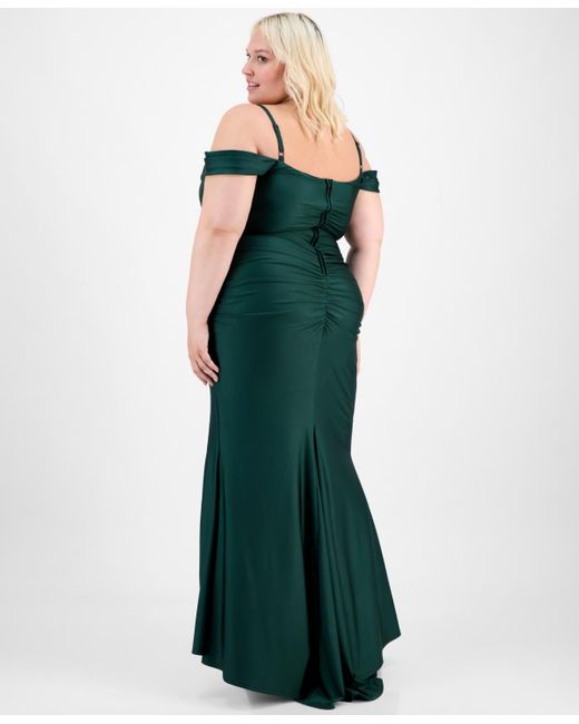 B Darlin Green Trendy Plus Size Ruched Cold-shoulder Gown