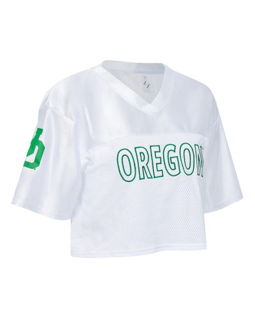 ZooZatZ White Oregon Ducks Mesh Cropped V-neck T-shirt