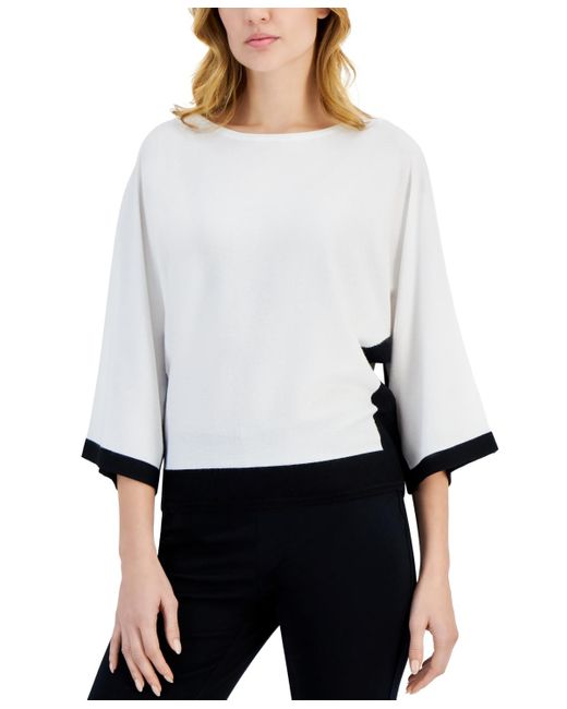 Tahari White 3/4-dolman-sleeve Contrast-trim Crewneck Sweater