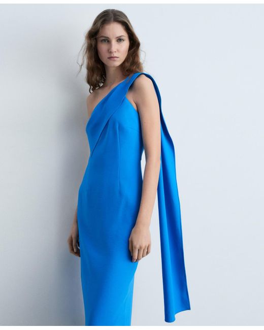 Mango Blue Off-shoulder Asymmetric Dress