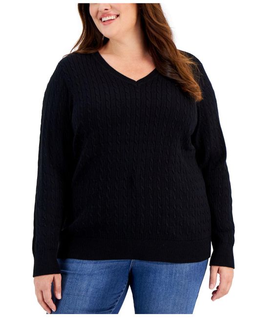 Karen Scott Plus Size Cableknit Vneck Sweater, Created For Macy's in