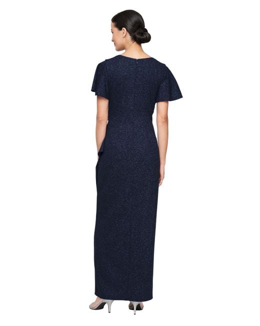 Sl Fashions Blue Petite Long Flutter Sleeve Dress