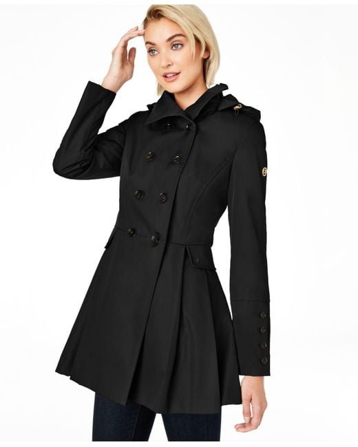 Calvin Klein Black Water Resistant Hooded Double-breasted Skirted Raincoat