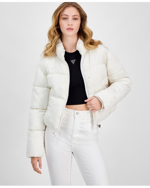 Guess White Antonia Strass Embellished Puffer Coat