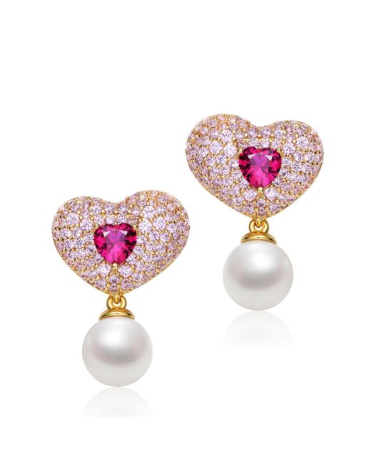 Genevive Jewelry Pink Sterling Silver & 14k Gold-plated Red Cubic Zirconia Heart Earrings