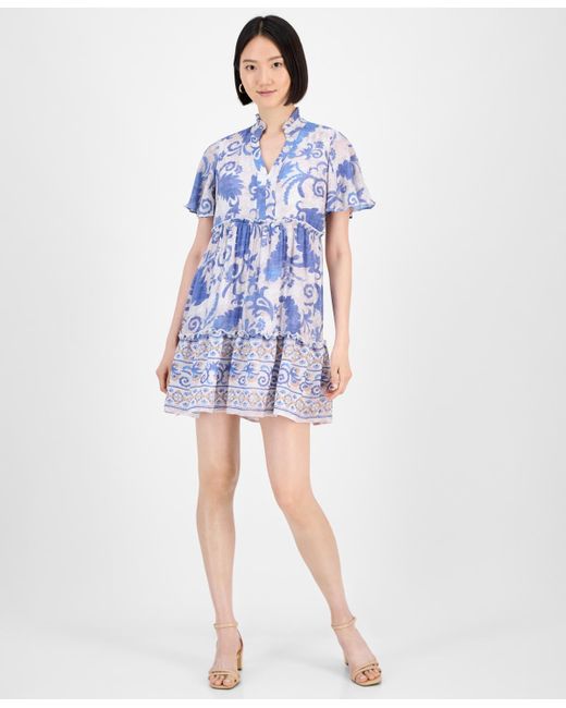 Sandra Darren Blue Printed Short-sleeve Shift Dress