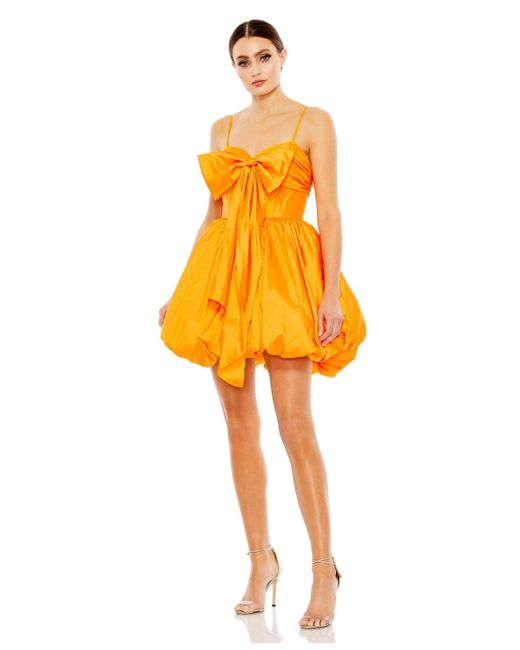 Mac Duggal Yellow Spaghetti Strap Center Bow Balloon Mini Dress