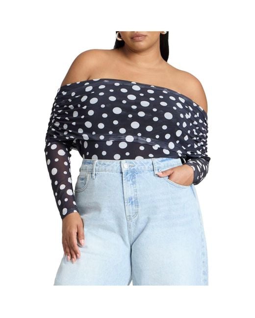 Eloquii Blue Plus Size Off The Shoulder Polka Dot Top