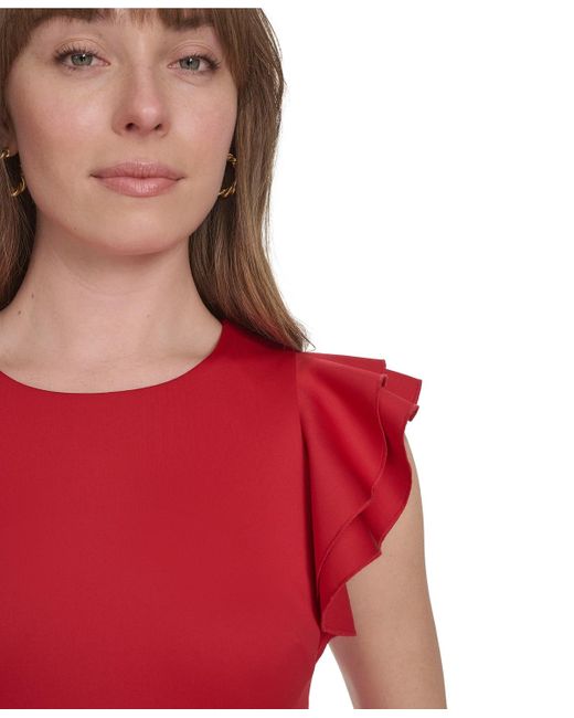 Tommy Hilfiger Red Scuba Sheath Dress With Flutter Sleeves