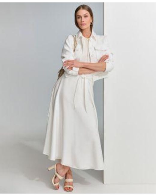 DKNY White Cropped Textured Trucker Jacket Belted A Line Skirt