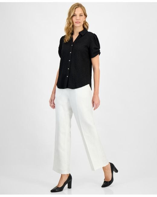 Kasper Black Textured Collared Button-front Blouse