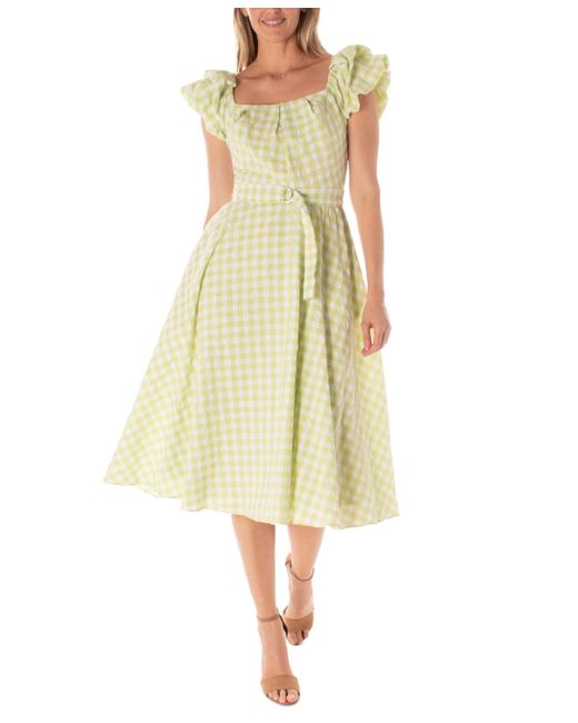 Maison Tara Yellow Gingham Belted Fit & Flare Dress