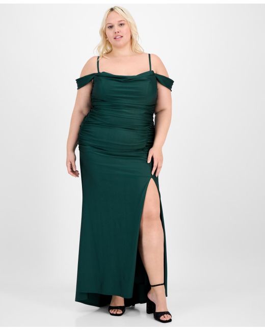 B Darlin Green Trendy Plus Size Ruched Cold-shoulder Gown