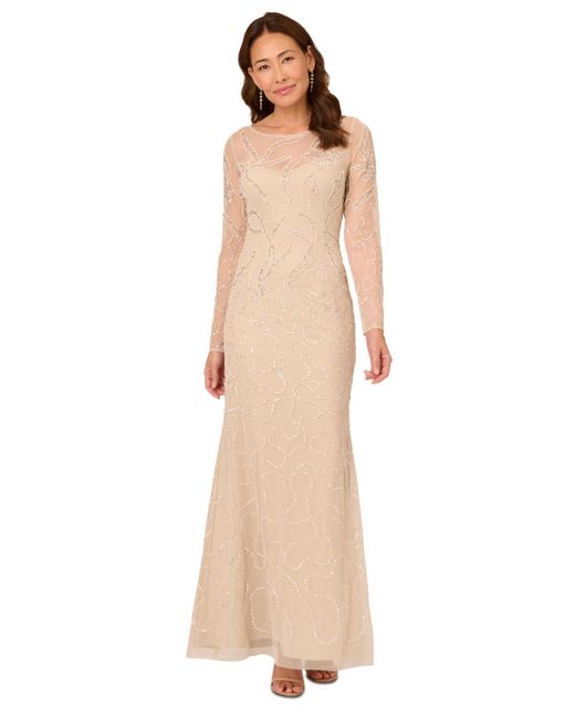 Adrianna Papell Natural Beaded Long Sleeve Gown