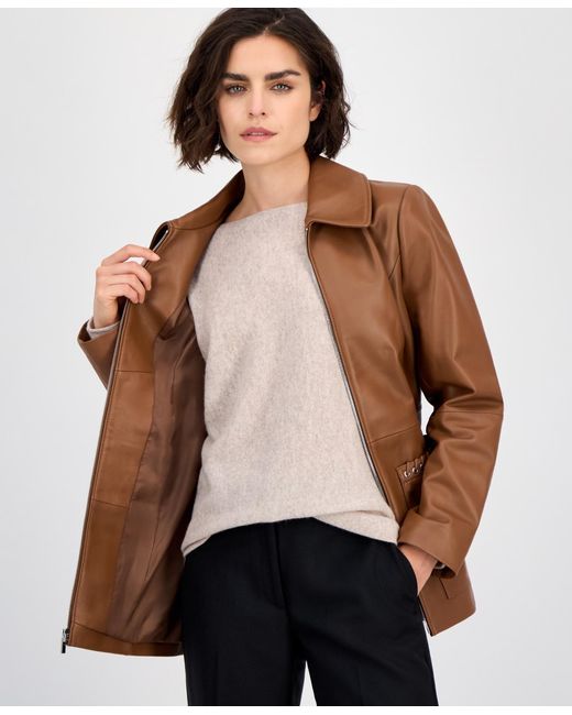 Anne Klein Brown Zip-front Leather Jacket
