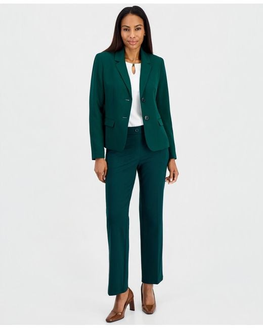 Kasper Green Petite Notch Collar Two-button Flap Pockets Blazer