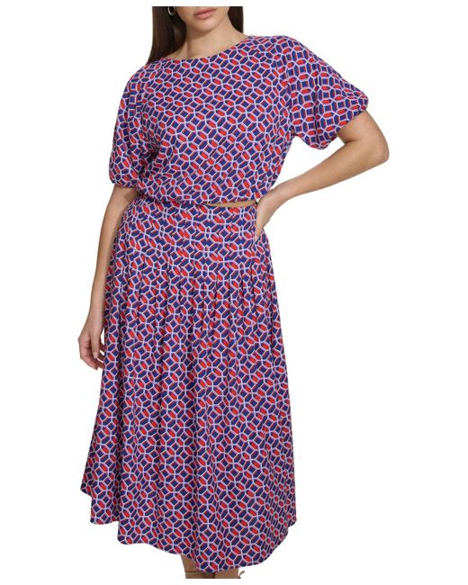Kensie Purple Geo-print Puff-sleeve Midi 2-pc. Dress